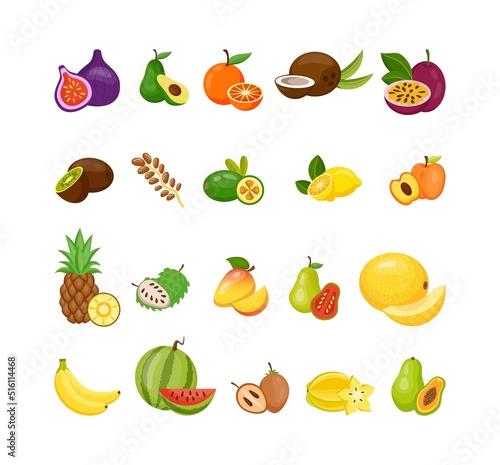 Exotic fruits. Summer vitamin food. Tropical mango and jackfruit. Flat pineapple. Isolated carambola or banana. Vegan meal. Fig and pitaya. Ripe watermelon. Vector cartoon superfood set