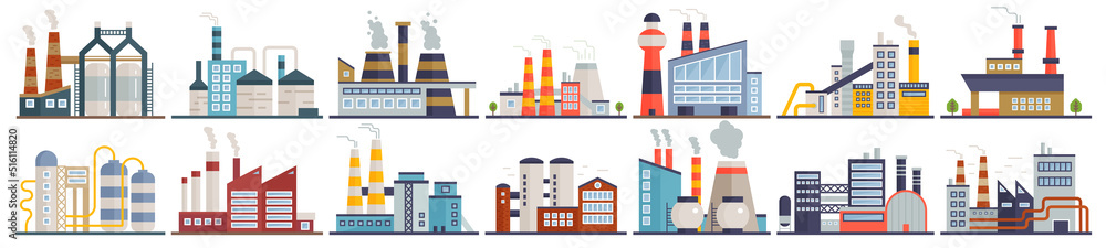 Power, nuclear and energy industry, refinery plants set vector illustration. Cartoon factory buildings and manufacturing structures with warehouses and pipelines isolated on white. Manufacture concept