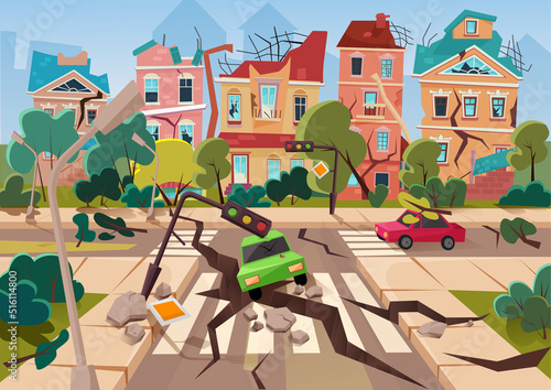 Earthquake accident in city vector illustration. Cartoon natural disaster destroying buildings, roads and cars, apocalyptic cityscape with abandoned ruins of broken houses and constructions background