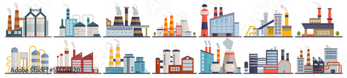 Power, nuclear and energy industry, refinery plants set vector illustration. Cartoon factory buildings and manufacturing structures with warehouses and pipelines isolated on white. Manufacture concept