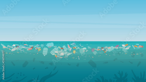 Plastic bags, bottles and industry toxic waste floating in dirty ocean water background. Environment, danger concept. Polluted with trash and garbage underwater of ocean or sea vector illustration.