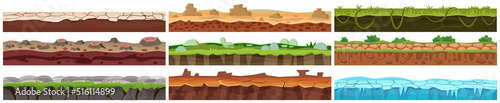 Ground level set vector illustration. Cartoon surface landscape diagram with different layers of soil and rocks, volcano, ice and green grass vegetation isolated on white. Game UI, nature concept