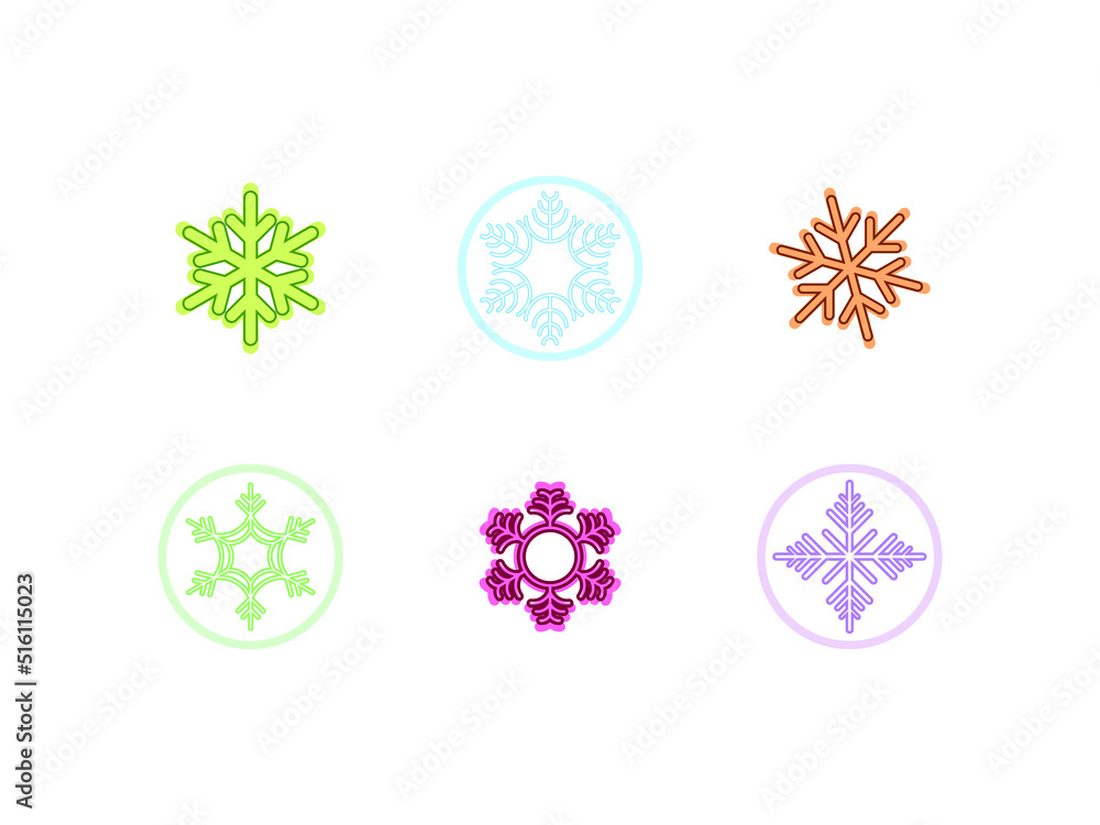 Set of 6 snowflake colorful simple icons. Pastel color simple ornament illustration. EPS 10 vector. Set of 6 snowflake colorful simple icons. Pastel color simple ornament illustration. EPS 10 vector.