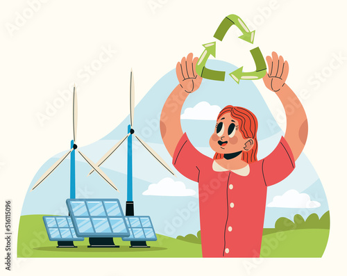 ecologist woman lifting recycle arrows