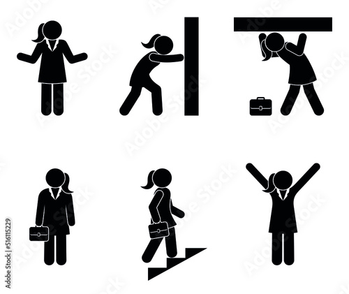 female career, illustration of obstacles in work for women, businesswoman icon, stick figure pictogram human silhouette