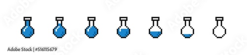 Game mana scale. Set of pixel flasks or bottles with different filling levels. Containers with liquid or magic potion to restore health in video game. Cartoon flat vector collection isolated on white