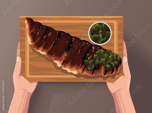 hands with meat in board