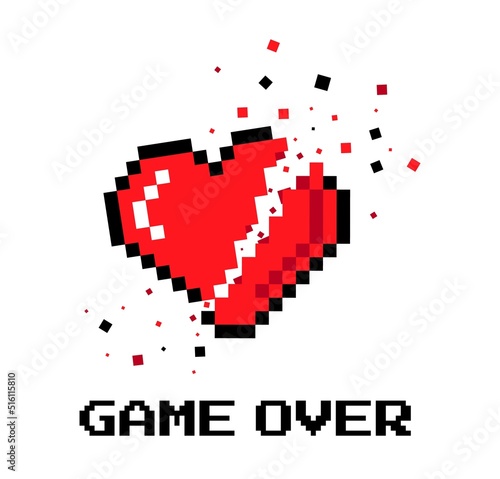 Game over concept. Design with red pixel broken heart and inscription. Metaphor for death or level completion in virtual video game. Classic user interface. Cartoon simple vector illustration