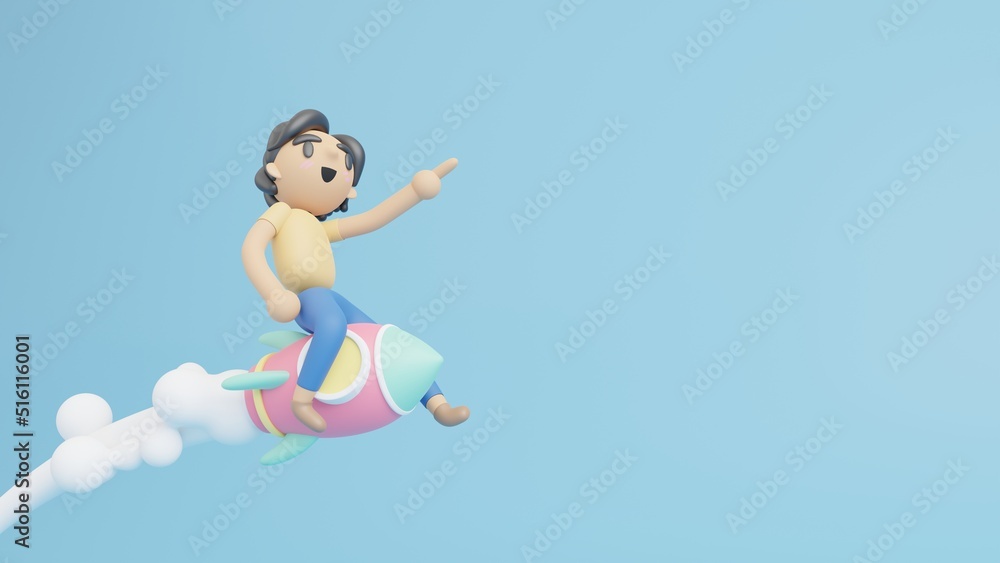 Vocrub character flying on a rocket, Innovation and Startup, Business startup project, 3D Rocket launch on blue background, Flying rocket icon, 3D rendering illustration concept Vocrub character flying on a rocket, Innovation and Startup, Business startup project, 3D Rocket launch on blue background, Flying rocket icon, 3D rendering illustration concept