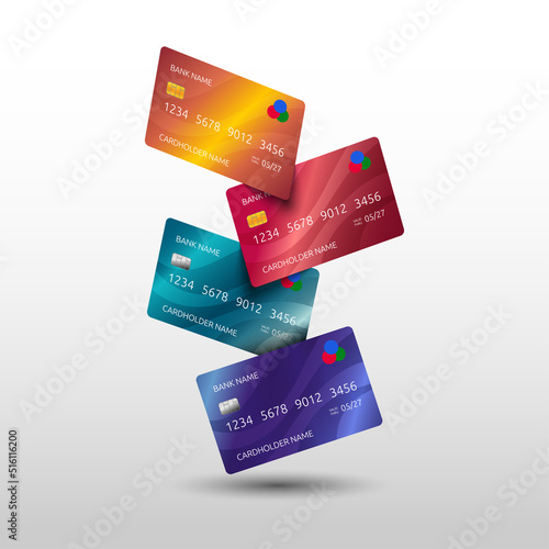 Falling credit cards. 3D fly money. Bank cashless payment. Debit finance elements. Business ATM pay concept. Realistic banking objects. Financial transactions. Vector cover background