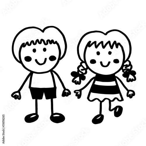 Cute Boy and Girl Doodle Art Cartoon Hand Draw , Black Line On White Background