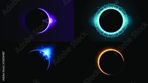 Set Sun Eclipse Solar Collection Color Fire Dark Background Vector Moon Design Style Space Science Glow Light