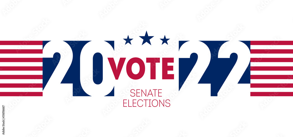 Banner for the United States senate elections in 2022. Election poster inviting to vote. Horizontal flyer with elements of the USA flag.