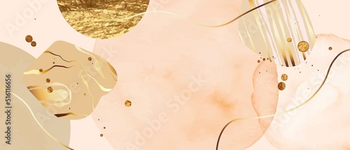 Elegant watercolor, ink vector background with white, beige, pink,yellow . Golden splatters, lines. Design for cover, invitation template, wedding card, menu design.  