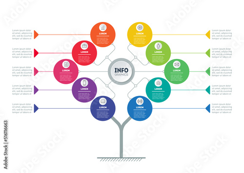 Tree. Template of diagram or brochure on white background. Information chart or infographic of technology or education process with ten steps. Business info graphics concept with 10 active options.
