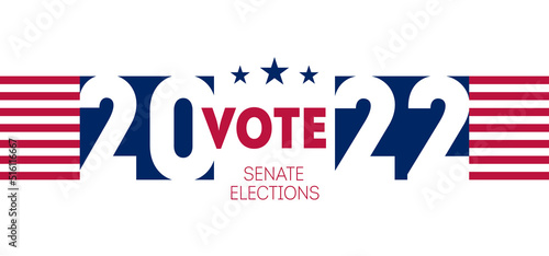 Banner for the United States senate elections in 2022. Election poster inviting to vote. Horizontal flyer with elements of the USA flag.