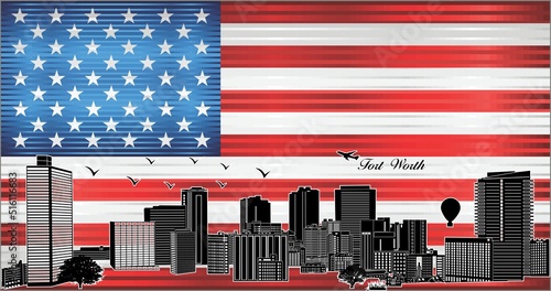 Fort Worth city skyline with flag of USA on background - illustration, 
Shiny Grunge flag of the USA