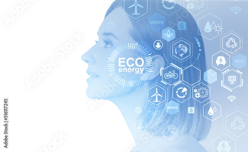 Businesswoman dreaming profile, eco energy digital hud interface. Copy space