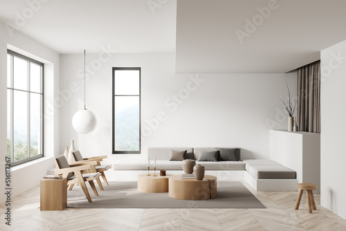 Living room interior with couch and chairs near panoramic window  decoration