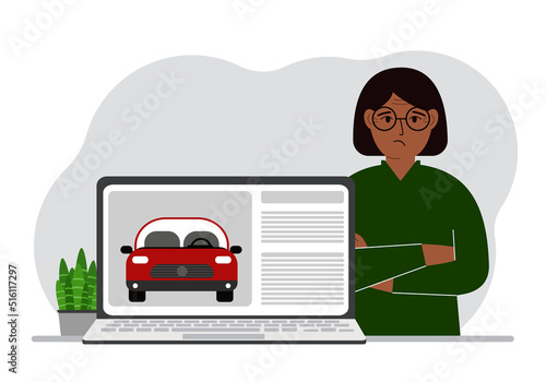 The concept of renting or buying a car. A woman with a laptop on which site about the car.