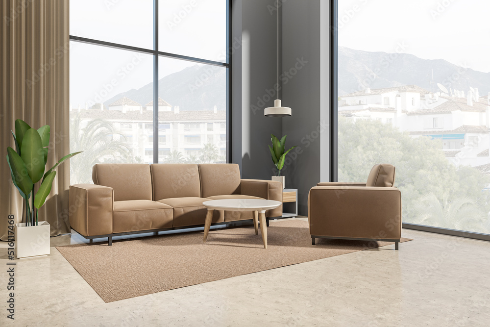 Fototapeta premium Lounge zone interior with sofa and armchair, coffee table and panoramic window