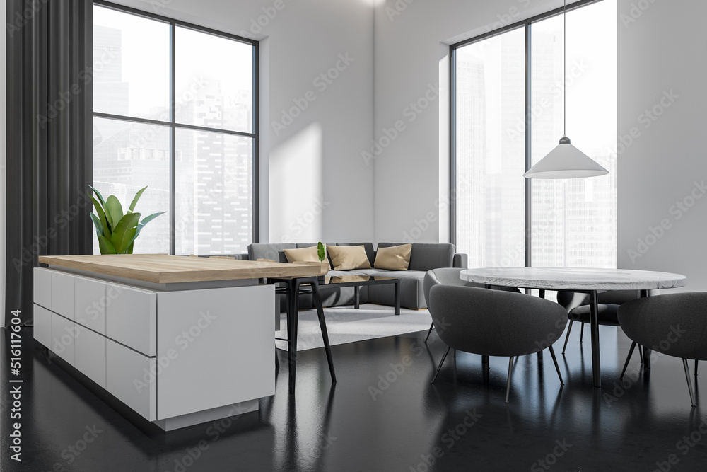 Meeting room interior with couch, bar countertop and chairs, panoramic window Meeting room interior with couch, bar countertop and chairs, panoramic window