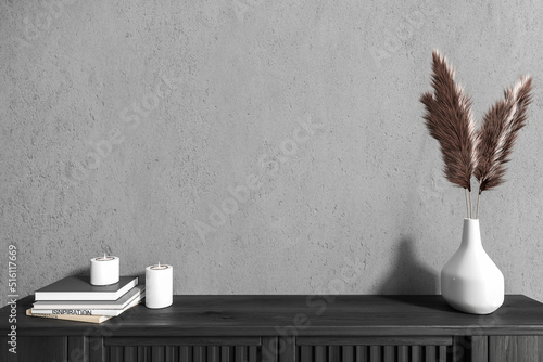 Tableau sur toile Front view on dark living room interior with grey wall