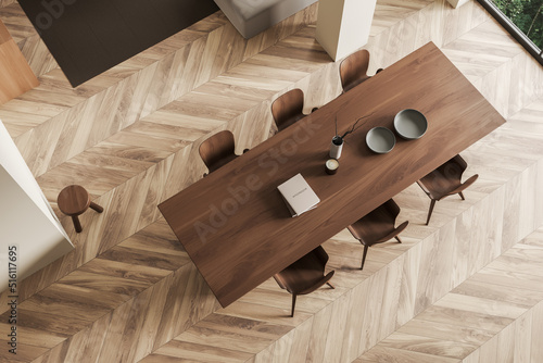 Canvastavla Top view on bright dining room interior with dinner table