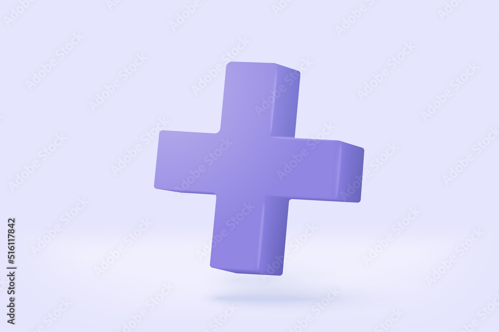 3d purple plus sign icon on the white background. Cartoon icon of first aid and health care with minimal style. Medical symbol of emergency help. 3d aid vector render illustration - obrazy, fototapety, plakaty 