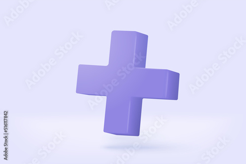 3d purple plus sign icon on the white background. Cartoon icon of first aid and health care with minimal style. Medical symbol of emergency help. 3d aid vector render illustration