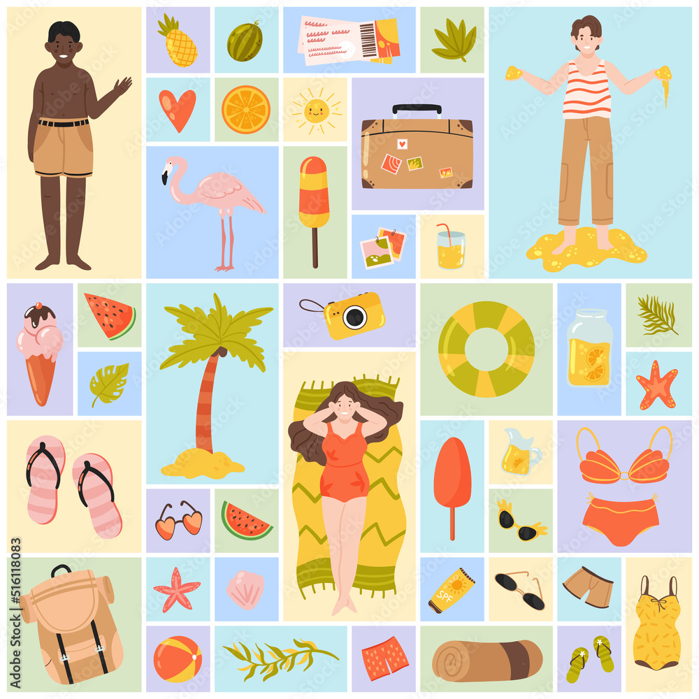 Sea beach party, summer vacation set vector illustration. Cartoon scrapbook summertime collection with sunbathing people in bikini, luggage, exotic dessert and drink in geometric collage background Sea beach party, summer vacation set vector illustration. Cartoon scrapbook summertime collection with sunbathing people in bikini, luggage, exotic dessert and drink in geometric collage background
