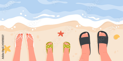 Happy family vacation on tropical sandy beach vector illustration. Cartoon feet in beach flip flops of dad, mom and child, top view of shoreline with blue waves background. Summer vibes, rest concept