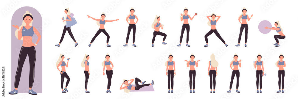 Female active sport trainer poses set in front, side and back view vector illustration. Cartoon active woman doing healthy aerobic exercises or pilates in gym, stretch training isolated on white