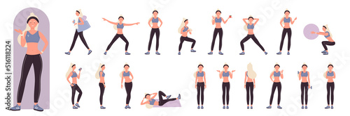 Female active sport trainer poses set in front, side and back view vector illustration. Cartoon active woman doing healthy aerobic exercises or pilates in gym, stretch training isolated on white