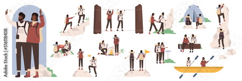 Cartoon man and woman campers hiking, climbing with flag, camp adventure of people. African american black couple of tourist characters showing different poses and gestures set vector illustration.