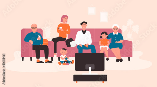 Happy big family watching TV or movie in home living room. Cartoon grandfather and grandmother, mother, father and kids enjoying film together on sofa flat vector illustration. Generation concept