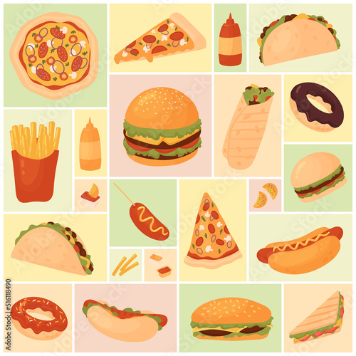 Fast food set vector illustration. Cartoon unhealthy fastfood snacks menu collection with shawarma burger french fries sandwich pizza tortilla donut cheeseburger in geometric collage background