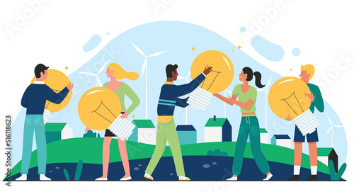Green energy and environmental smart solutions. Cartoon tiny people holding light bulbs, save nature with electric eco friendly innovations flat vector illustration. Development, ecology concept