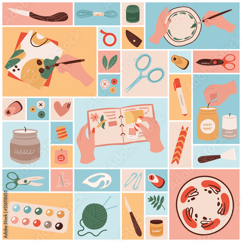 Workshop, creative handmade projects and handcraft set vector illustration. Cartoon supplies and tools for scrapbook, painting, sewing and needlework process, hands in square collage background
