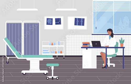Medic office interior with female doctor waiting for patients vector illustration. Cartoon therapist character wearing uniform, woman sitting at table with laptop background. Hospital, exam concept
