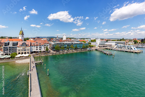 Friedrichshafen waterfront with port harbor at lake Constance Bodensee travel traveling from above in Germany