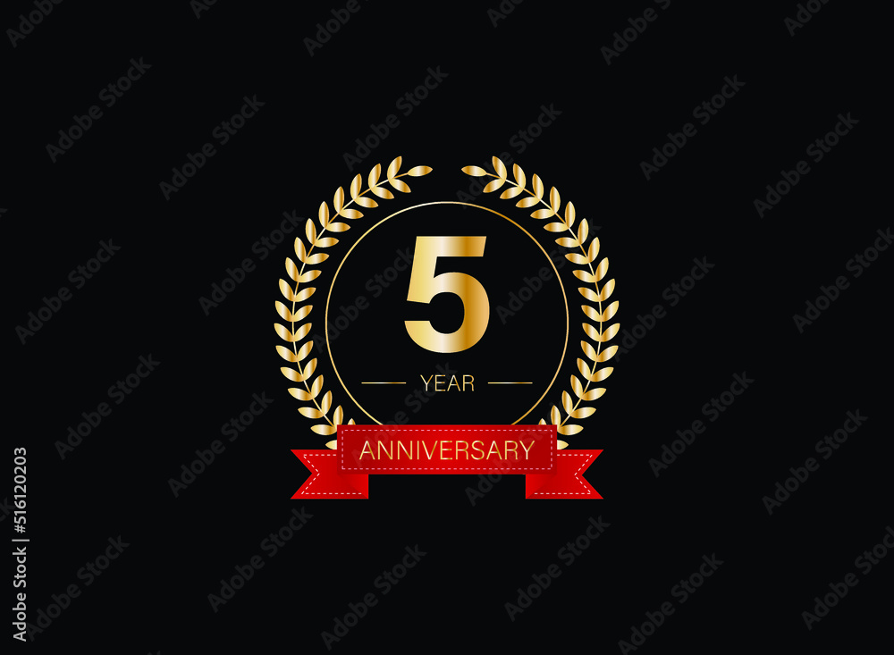 Fototapeta premium 5th anniversary celebration with gold glitter color and white background. Vector design for celebrations, invitation cards and greeting cards. eps 10.