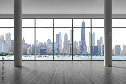 Downtown Chicago City Skyline Buildings from Window. Beautiful Expensive Real Estate. Epmty office room Interior Skyscrapers, View Lake Michigan waterfront, harbor. Cityscape. Day time. 3d rendering.