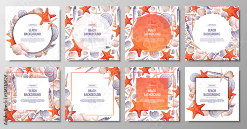 Set of decorative frames with shells, starfish isolated on white. Square wreath with nautical elements and underwater animals for postcards, nautical party invitations. Cartoon vector illustration