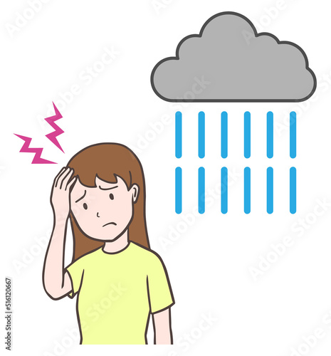 雨の日に頭痛になる女性、低気圧頭痛、天気痛