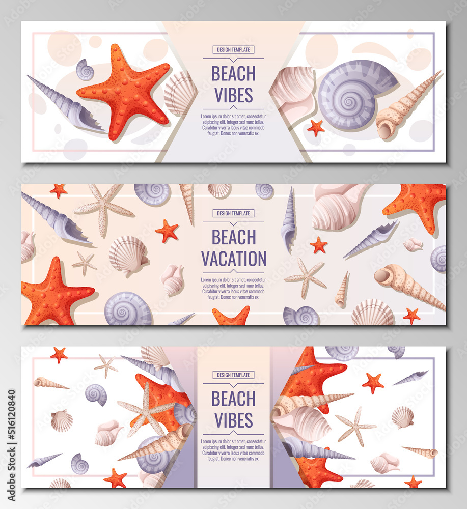 Set of beach banner withwith shells and starfish. Ocean sea holidays, vector background. Webbaner, poster, flyer, advertising. Summer vacation