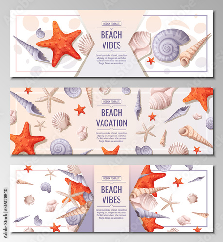Set of beach banner withwith shells and starfish. Ocean sea holidays, vector background. Webbaner, poster, flyer, advertising. Summer vacation photo
