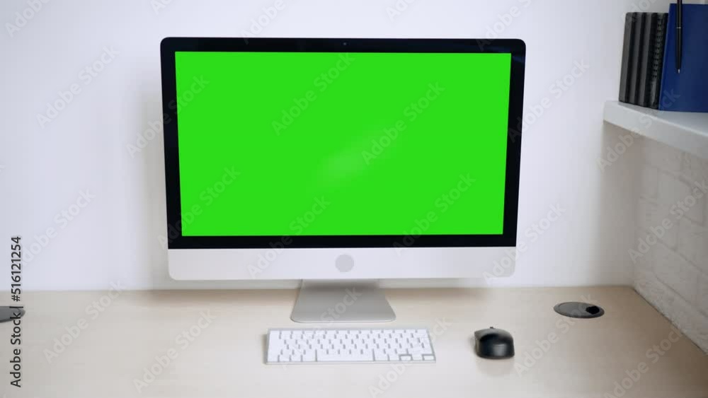 camera move forward to computer with green screen working place at home or office camera move forward to computer with green screen working place at home or office