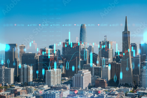 Photography San Francisco skyline from Coit Tower to Financial District, residential neighborhoods, California, US