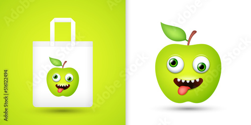 Apple on white tote bag. Vector